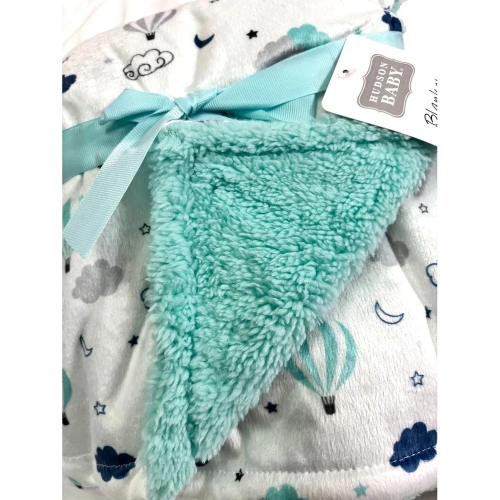 Hudson Baby Aqua Blue Sherpa Hot Air‎ Balloon Blanket Soft Lovey Unisex Clouds